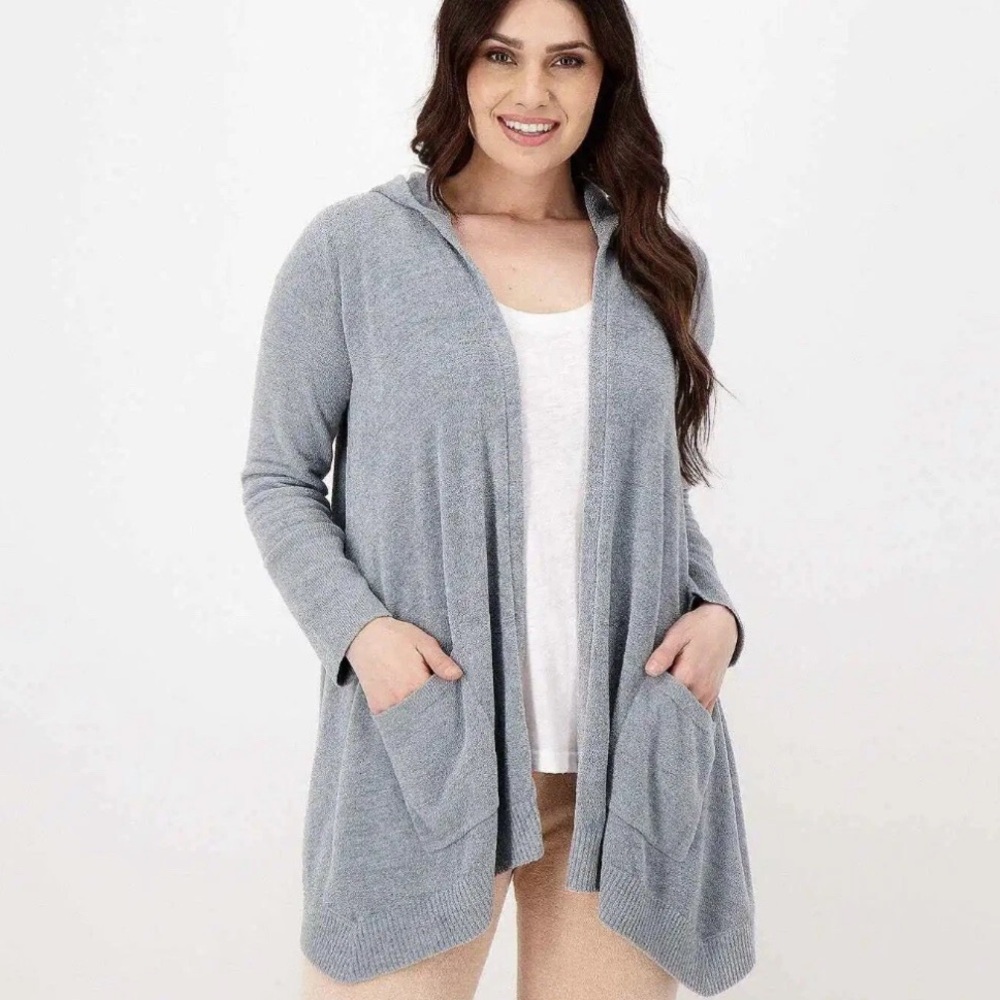Barefoot Dreams Size Large Grey CozyChic Ultra Lite Hooded Seashore Cardigan‎
